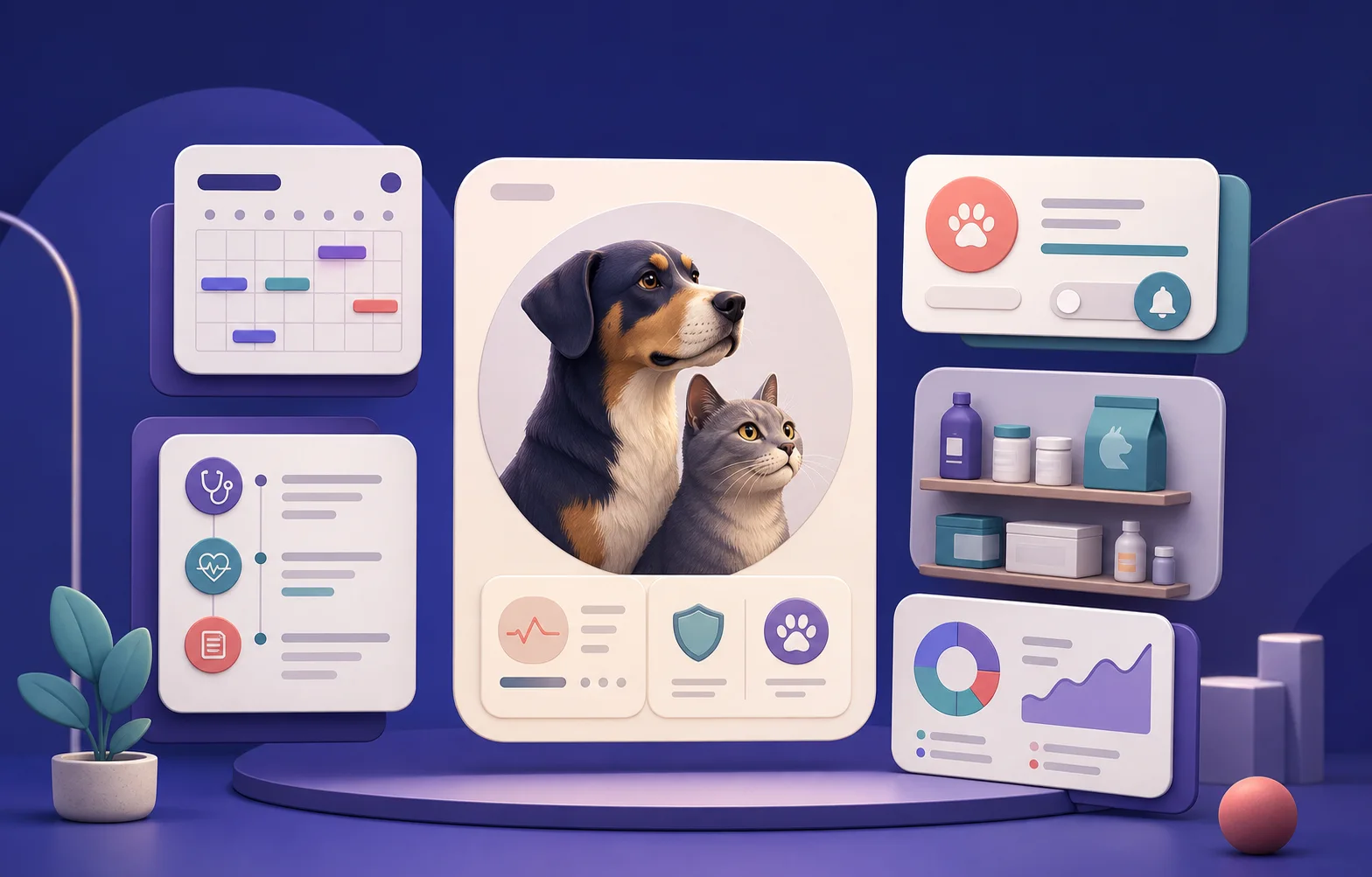Ilustración de gestión veterinaria con agenda, pacientes, historia clínica, inventario y reportes