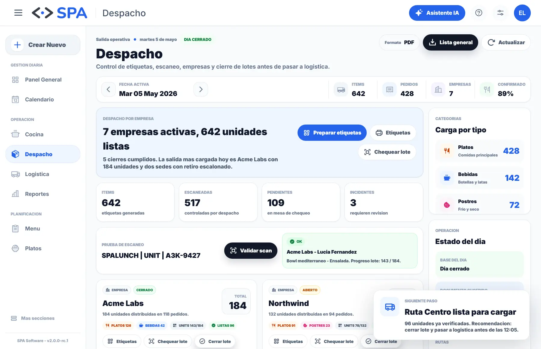 Sistema de etiquetado y despacho preparado para imprimir etiquetas operativas