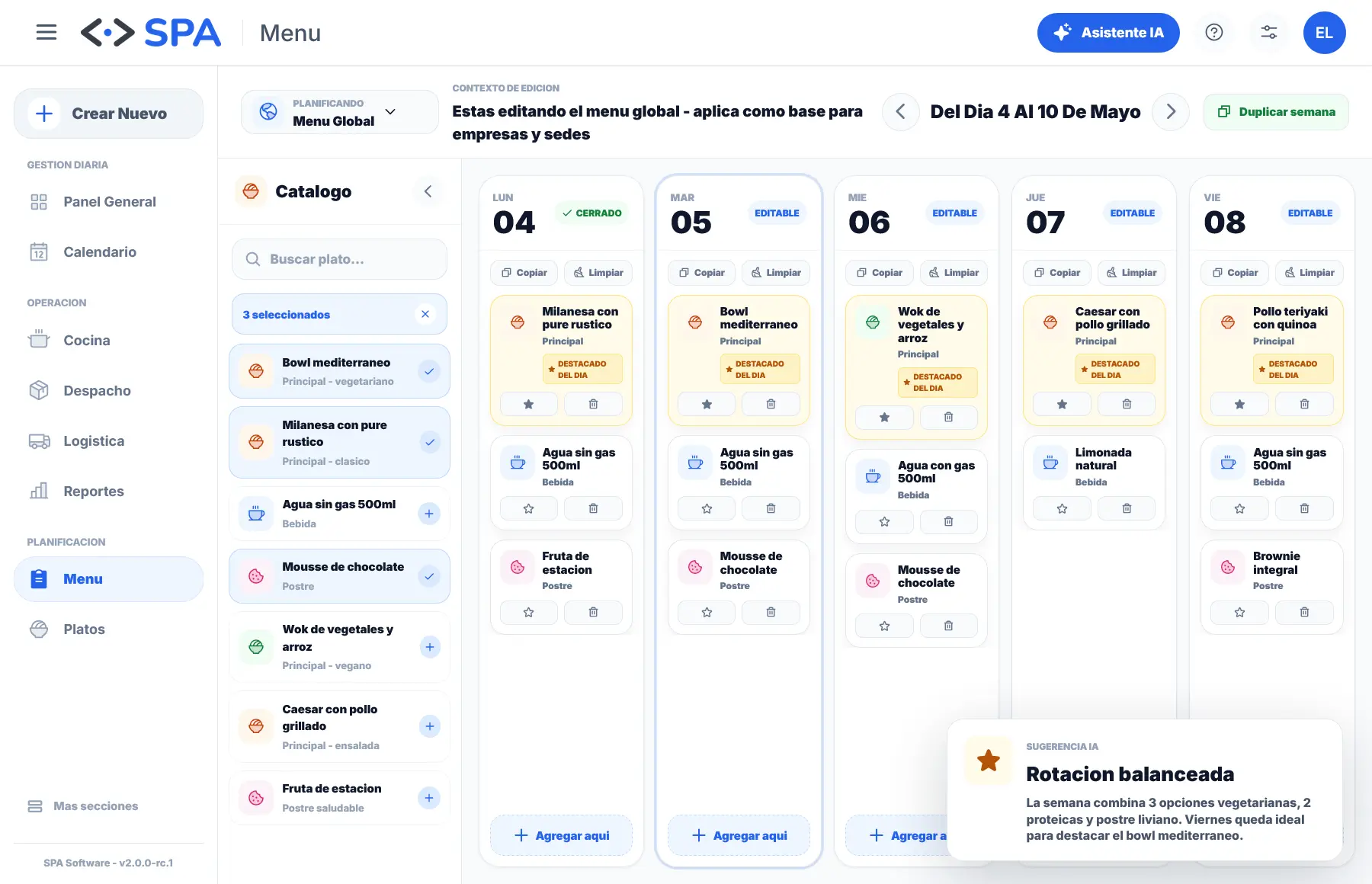 Configuración operativa de menú en SPA Lunch Platform